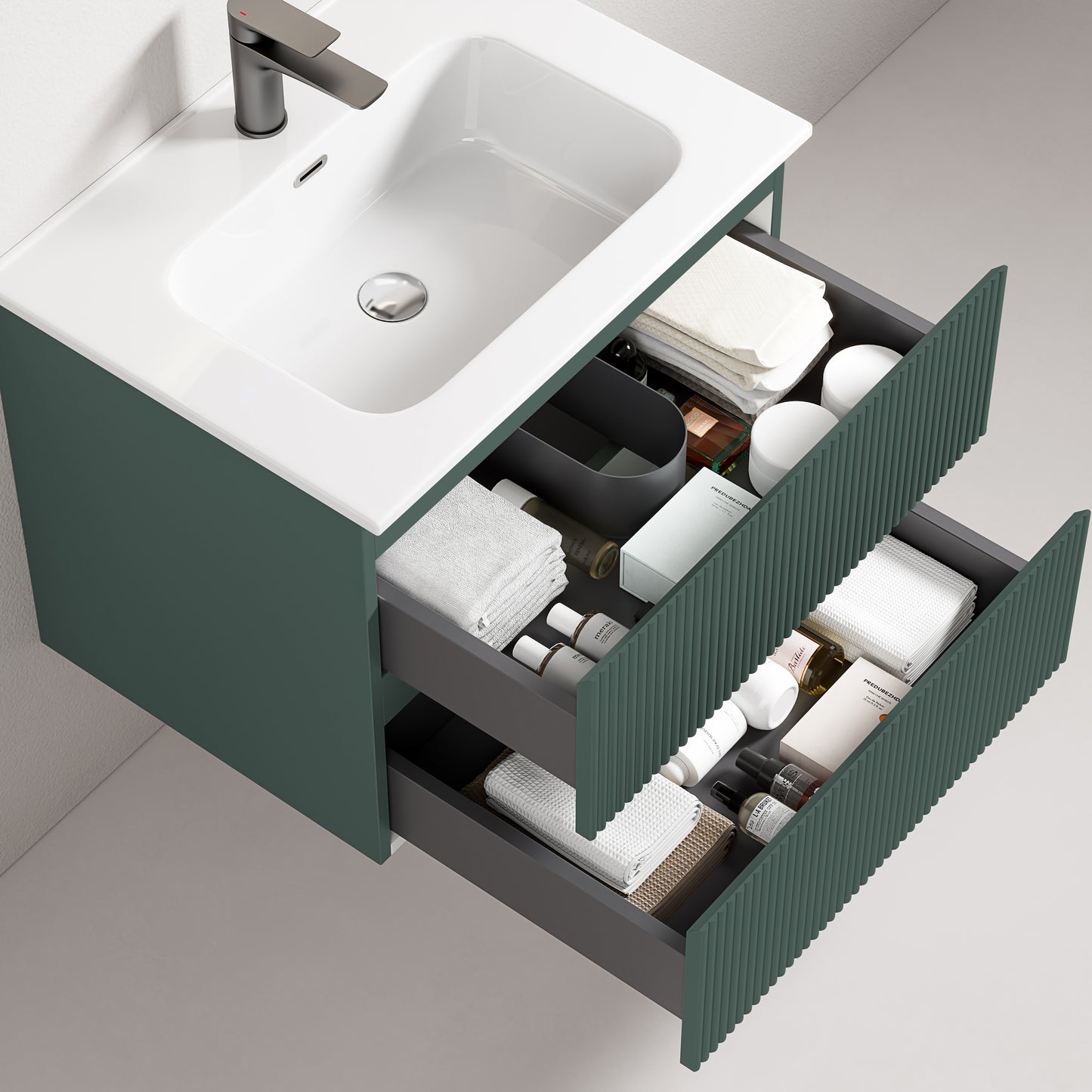 Mobile bagno sospeso cannettato 60 cm Verde Comodoro Lavabo in Ceramica Specchio Quadro - Fiji Paint