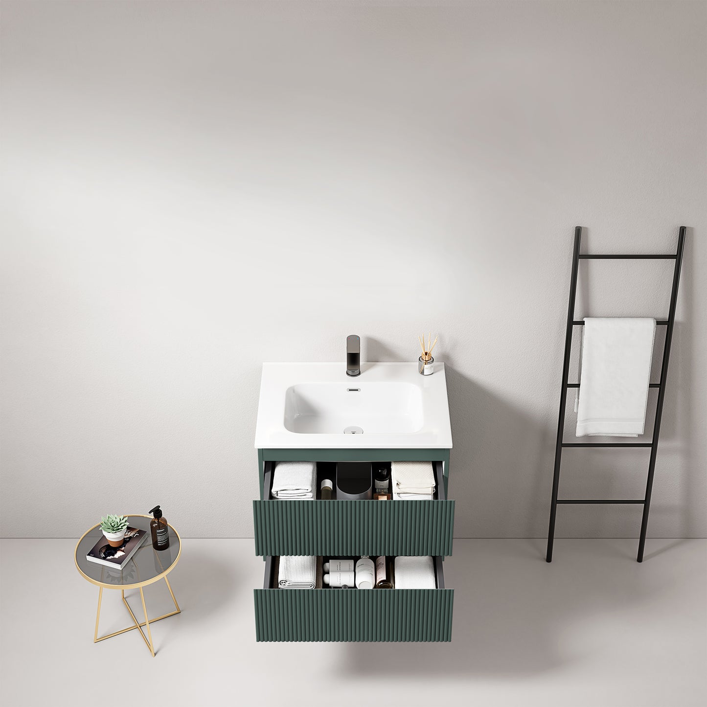 Mobile bagno sospeso cannettato 60 cm Verde Comodoro Lavabo in Ceramica Senza Specchio - Fiji Paint