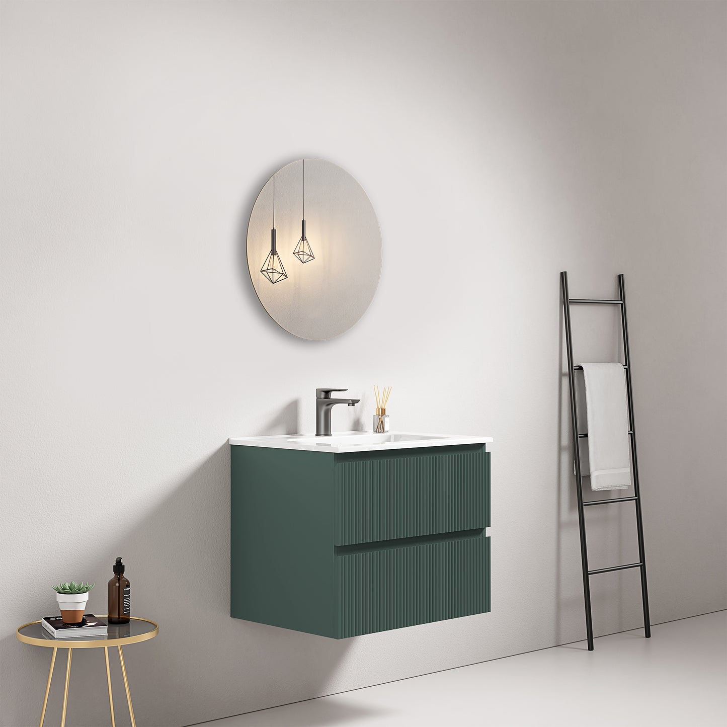 Mobile bagno sospeso cannettato 60 cm Verde Comodoro Lavabo in Ceramica Specchio Tondo - Fiji Paint