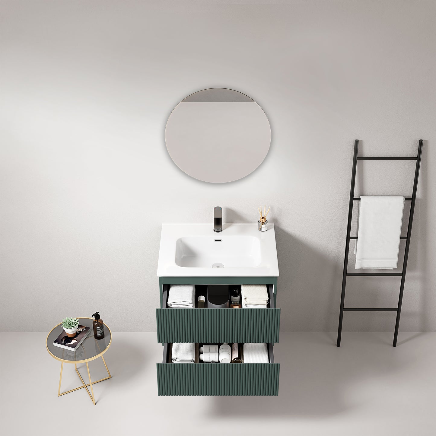Mobile bagno sospeso cannettato 60 cm Verde Comodoro Lavabo in Ceramica Specchio Tondo - Fiji Paint