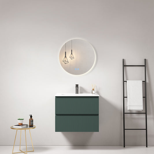 Mobile bagno sospeso cannettato 60 cm Verde Comodoro Lavabo in Ceramica Specchio Tondo Retroilluminato - Fiji Paint