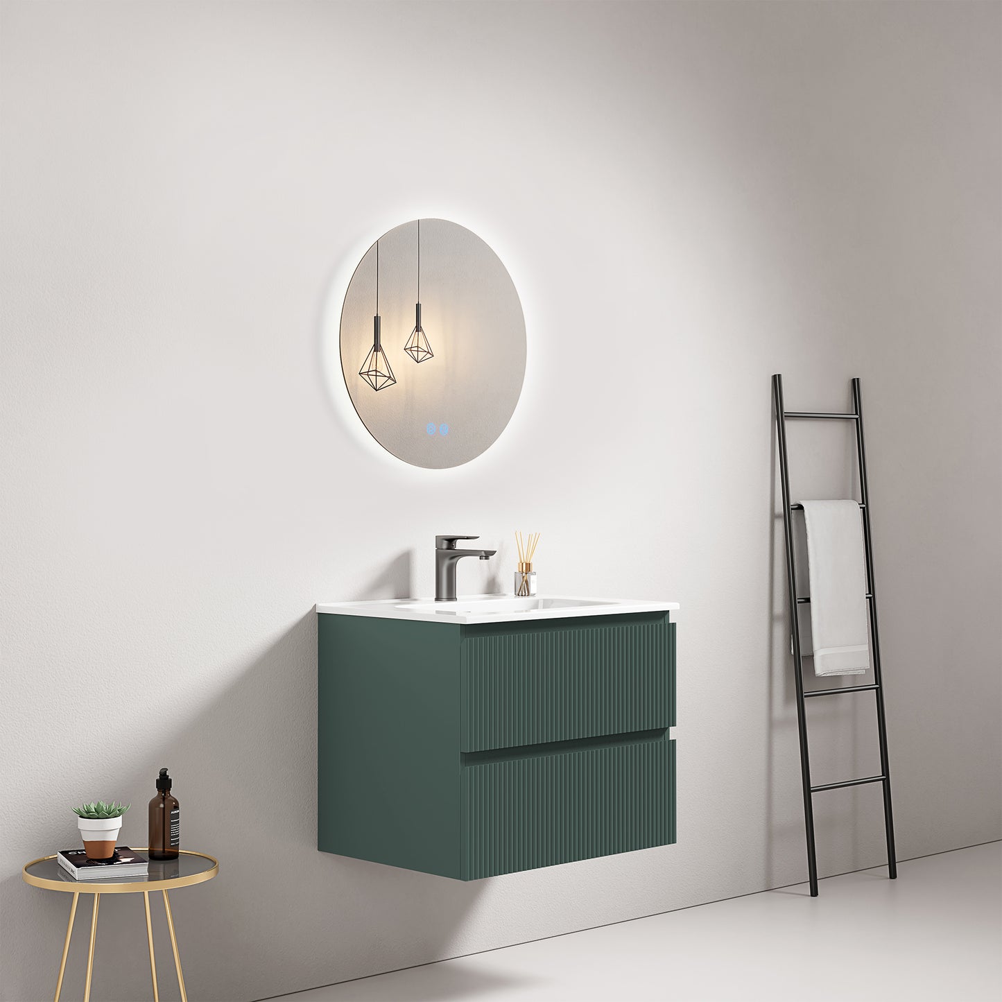 Mobile bagno sospeso cannettato 60 cm Verde Comodoro Lavabo in Ceramica Specchio Tondo Retroilluminato - Fiji Paint