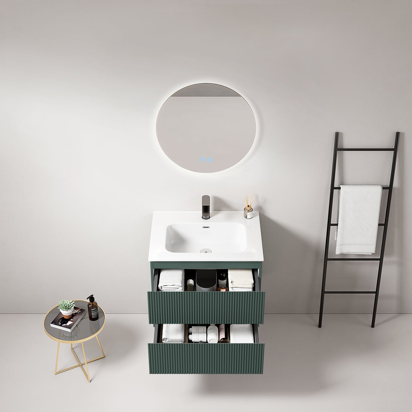 Mobile bagno sospeso cannettato 60 cm Verde Comodoro Lavabo in Ceramica Specchio Tondo Retroilluminato - Fiji Paint