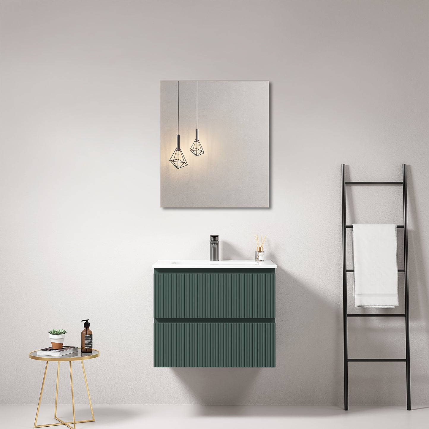 Mobile bagno sospeso cannettato 60 cm Verde Comodoro Lavabo in Ceramica Specchio Quadro - Fiji Paint