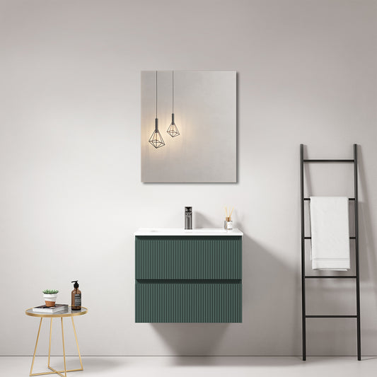 Mobile bagno sospeso cannettato 60 cm Verde Comodoro Lavabo in Ceramica Specchio Quadro - Fiji Paint
