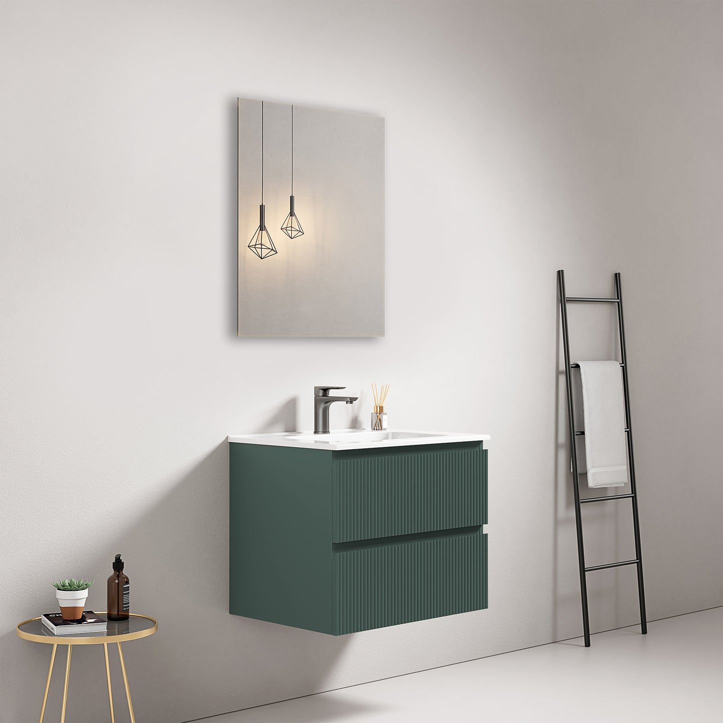 Mobile bagno sospeso cannettato 60 cm Verde Comodoro Lavabo in Ceramica Specchio Quadro - Fiji Paint