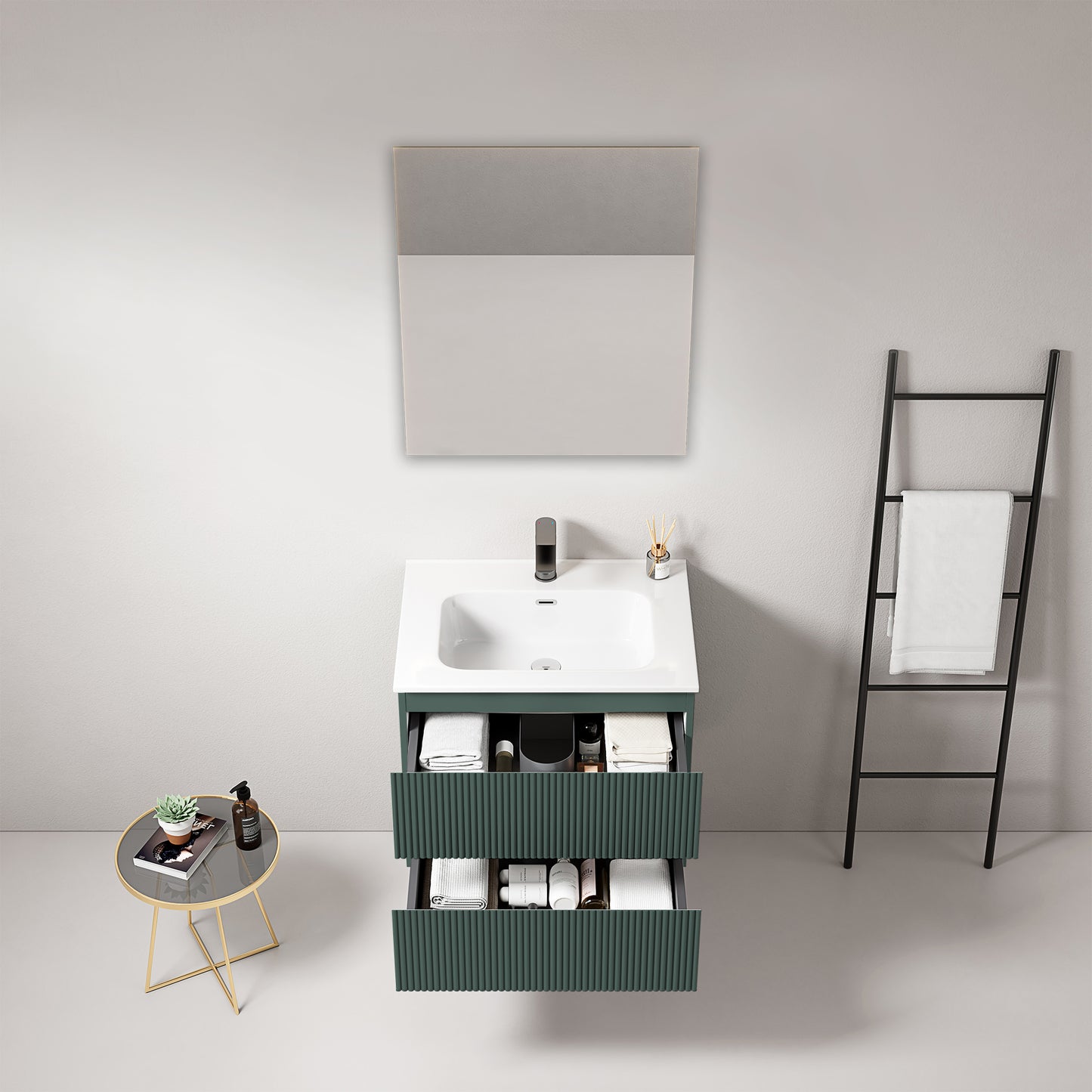 Mobile bagno sospeso cannettato 60 cm Verde Comodoro Lavabo in Ceramica Specchio Quadro - Fiji Paint