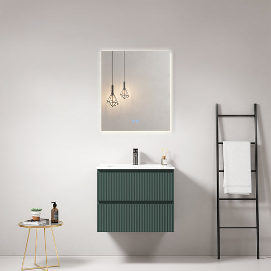 Mobile bagno sospeso cannettato 60 cm Verde Comodoro Lavabo in Ceramica Specchio Quadro Retroilluminato - Fiji Paint