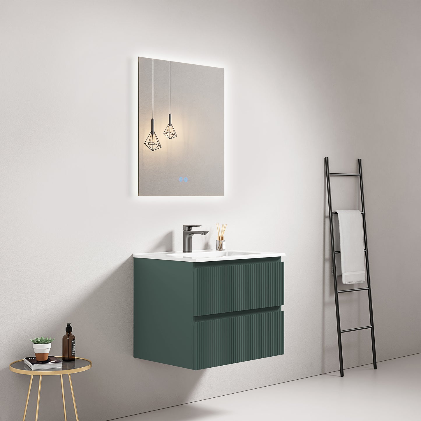 Mobile bagno sospeso cannettato 60 cm Verde Comodoro Lavabo in Ceramica Specchio Quadro Retroilluminato - Fiji Paint