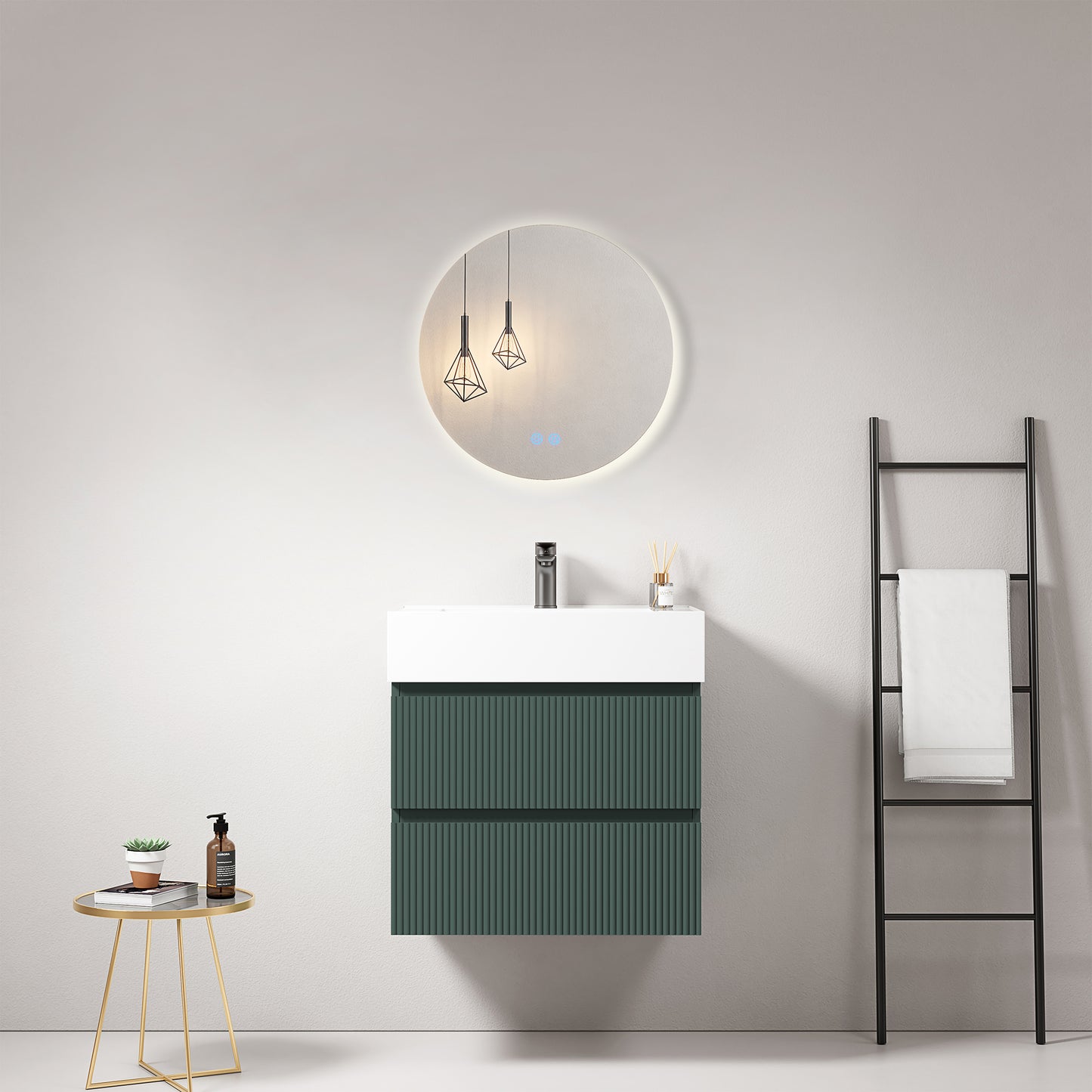 Mobile bagno sospeso cannettato 60 cm Verde Comodoro Lavabo in Resina Specchio Tondo Retroilluminato - Fiji Paint