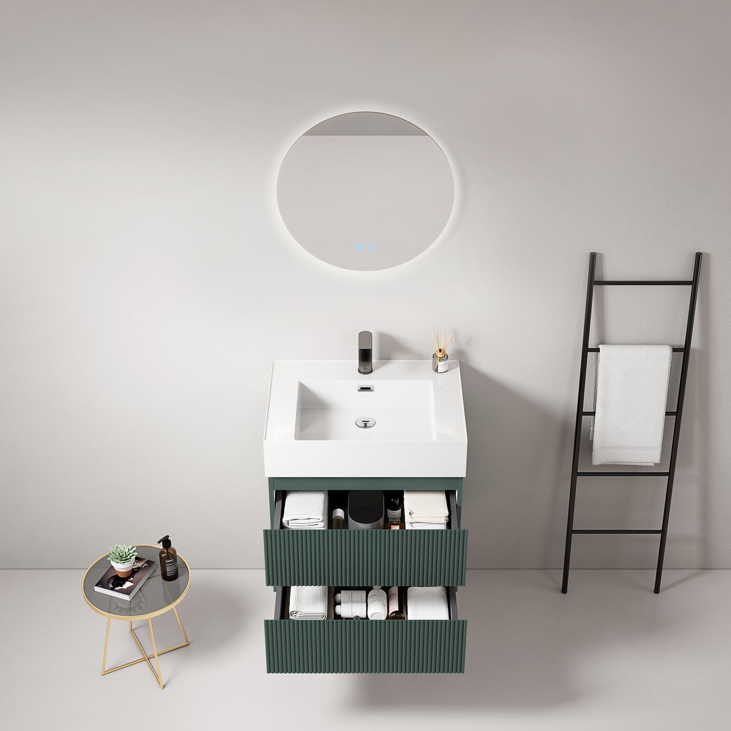 Mobile bagno sospeso cannettato 60 cm Verde Comodoro Lavabo in Resina Specchio Tondo Retroilluminato - Fiji Paint