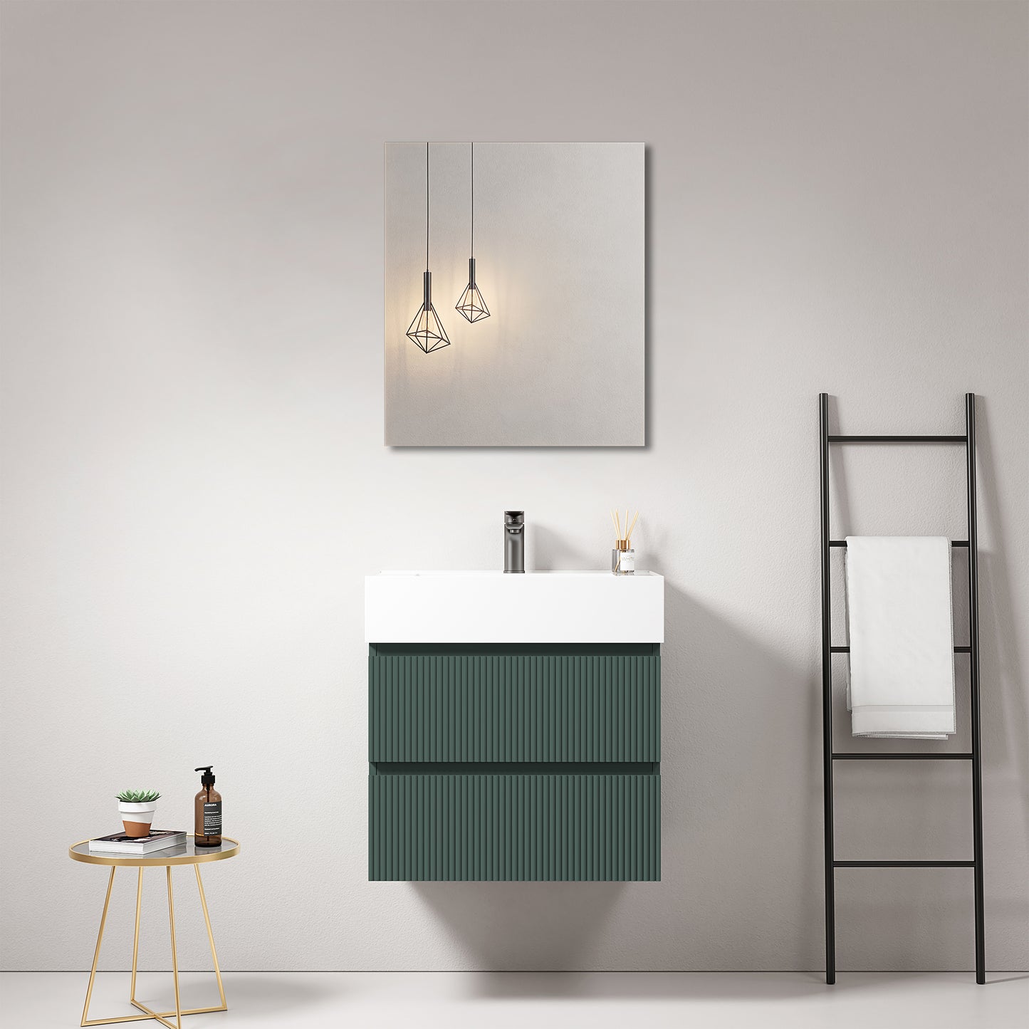 Mobile bagno sospeso cannettato 60 cm Verde Comodoro Lavabo in Resina Specchio Quadro - Fiji Paint