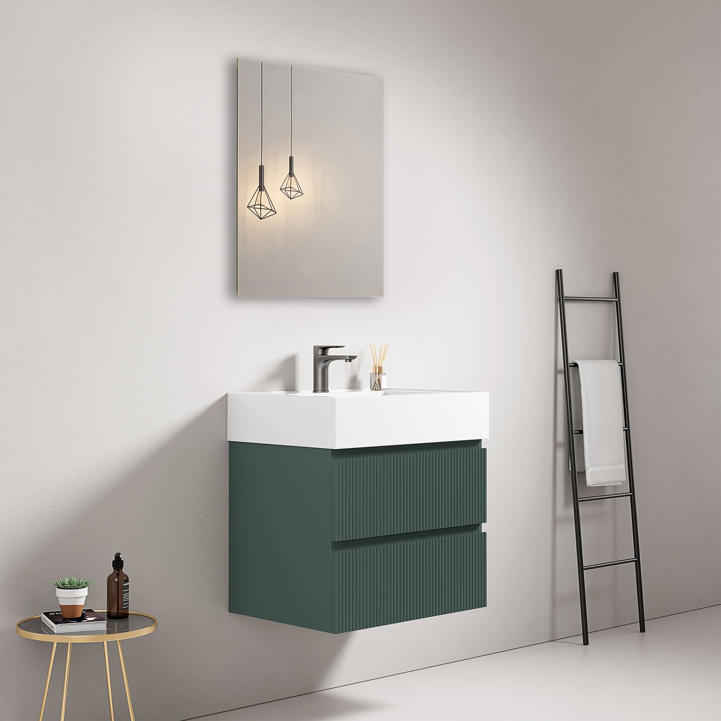Mobile bagno sospeso cannettato 60 cm Verde Comodoro Lavabo in Resina Specchio Quadro - Fiji Paint