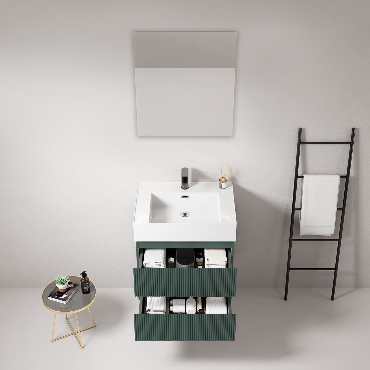 Mobile bagno sospeso cannettato 60 cm Verde Comodoro Lavabo in Resina Specchio Quadro - Fiji Paint