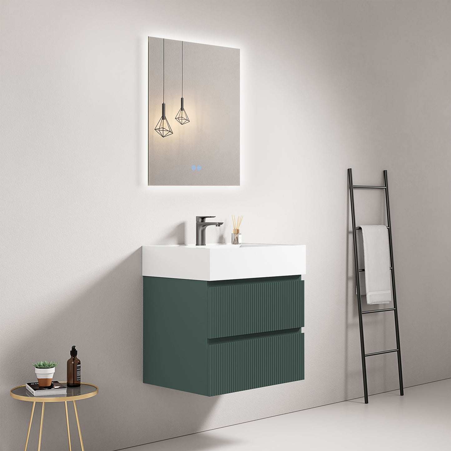 Mobile bagno sospeso cannettato 60 cm Verde Comodoro Lavabo in Resina Specchio Quadro Retroilluminato - Fiji Paint