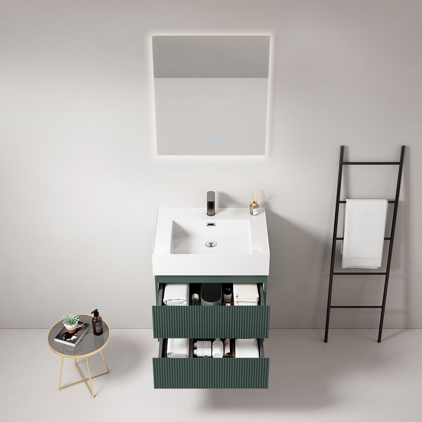 Mobile bagno sospeso cannettato 60 cm Verde Comodoro Lavabo in Resina Specchio Quadro Retroilluminato - Fiji Paint