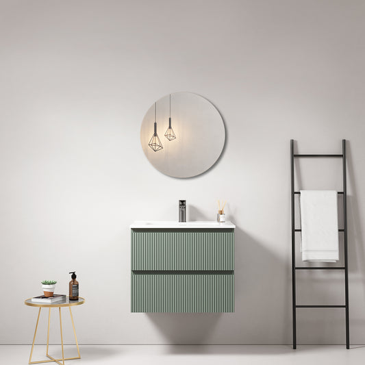 Mobile bagno sospeso cannettato 60 cm Verde Salvia Lavabo in Ceramica Specchio Tondo - Fiji Paint