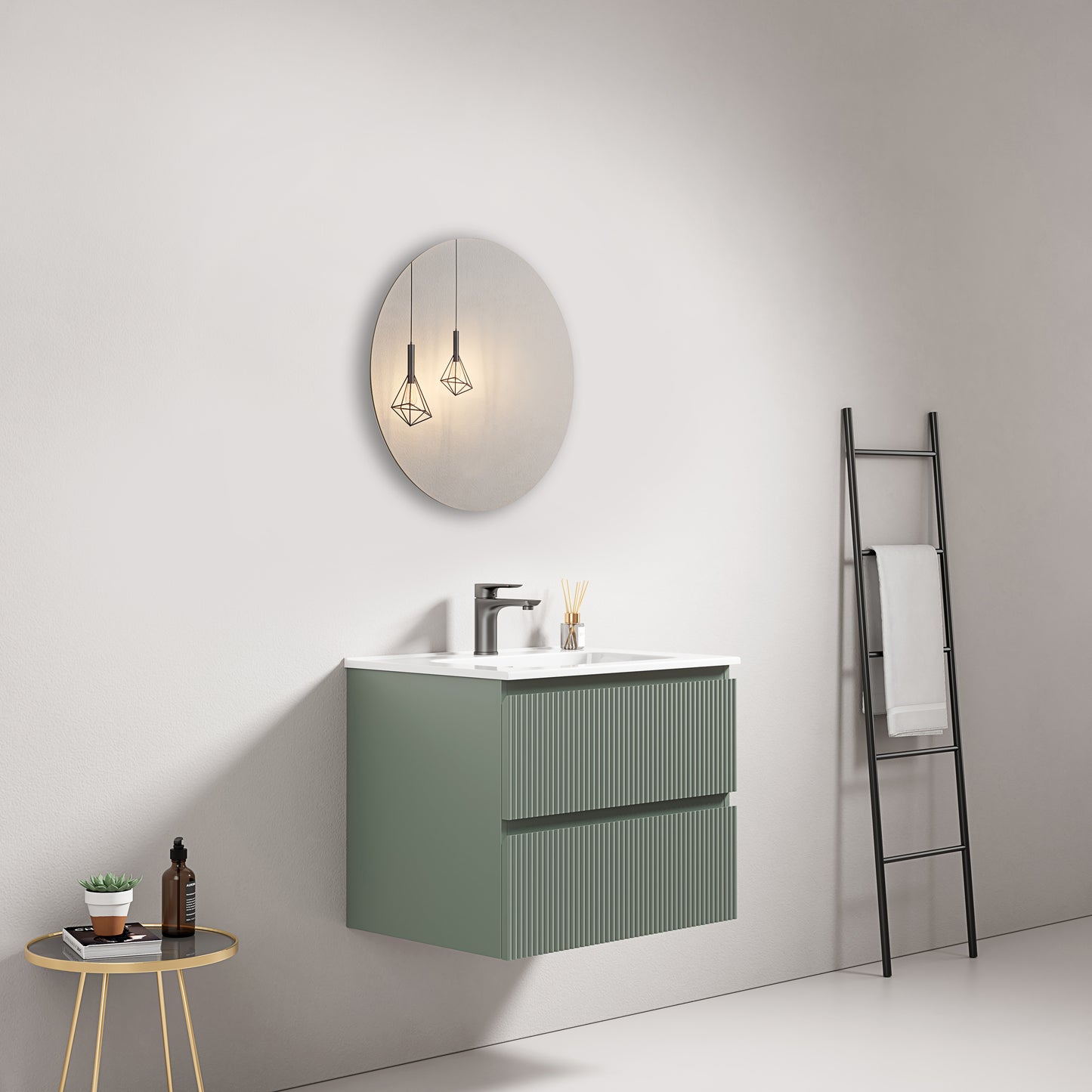Mobile bagno sospeso cannettato 60 cm Verde Salvia Lavabo in Ceramica Specchio Tondo - Fiji Paint