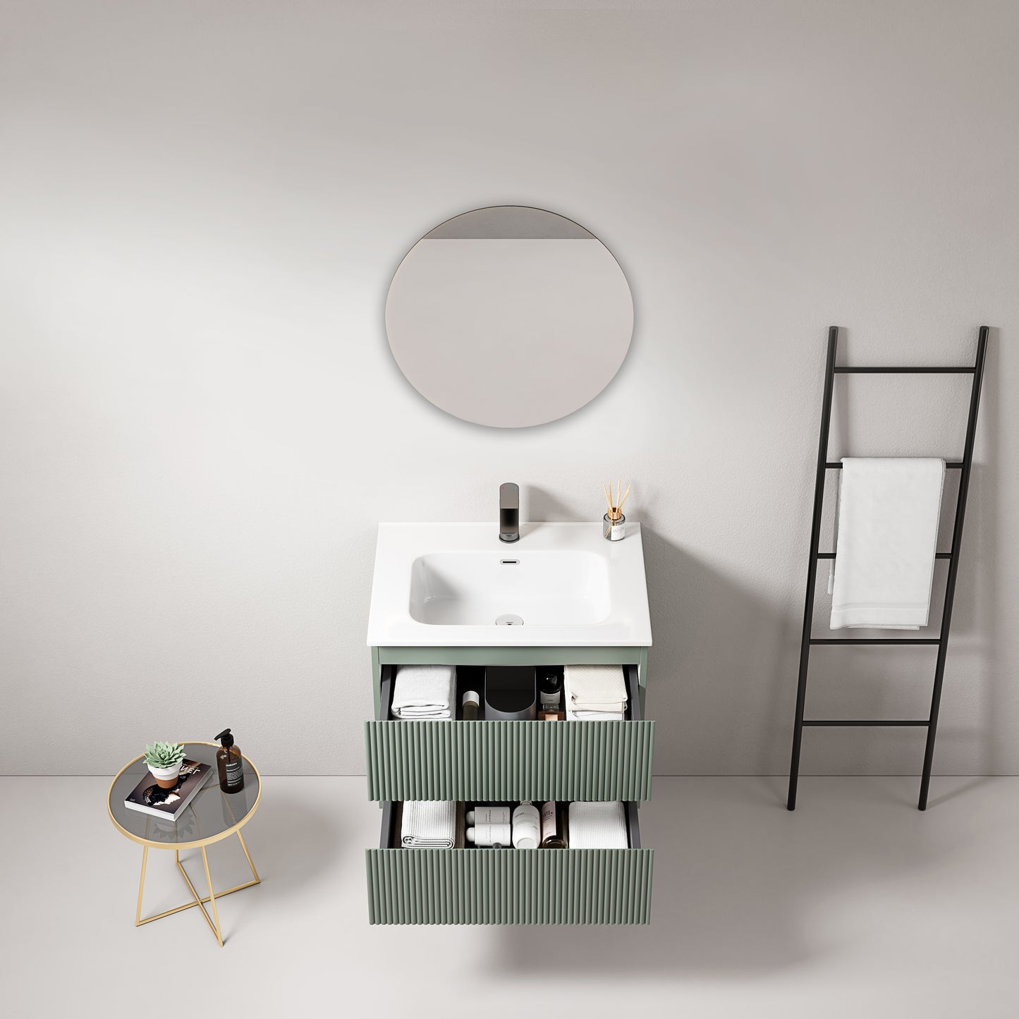 Mobile bagno sospeso cannettato 60 cm Verde Salvia Lavabo in Ceramica Specchio Tondo - Fiji Paint