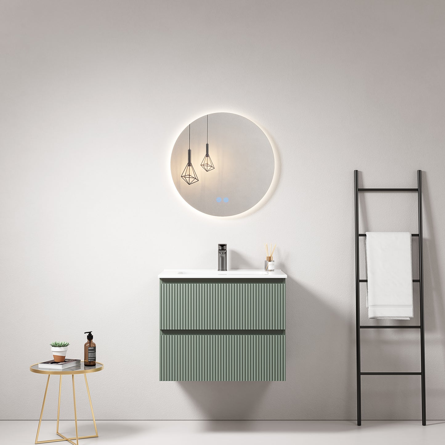 Mobile bagno sospeso cannettato 60 cm Verde Salvia Lavabo in Ceramica Specchio Tondo Retroilluminato - Fiji Paint