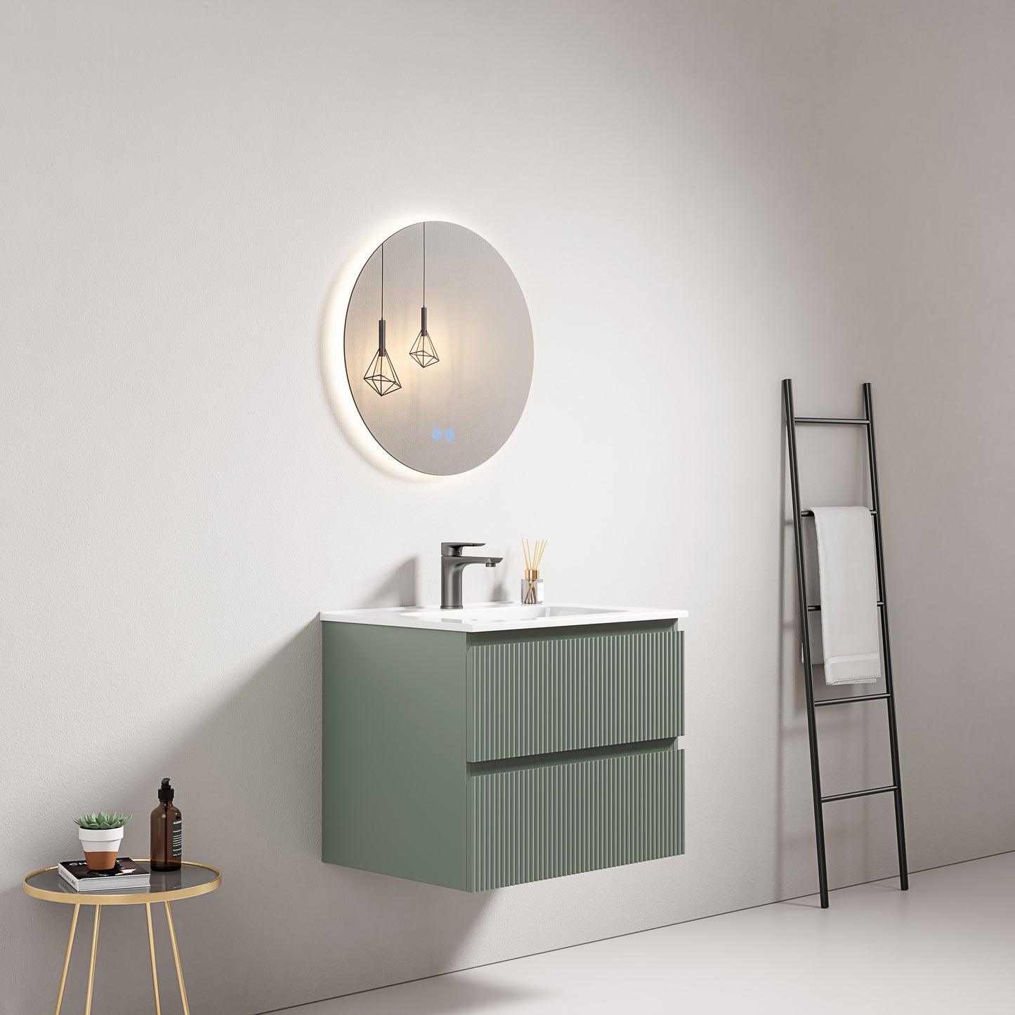 Mobile bagno sospeso cannettato 60 cm Verde Salvia Lavabo in Ceramica Specchio Tondo Retroilluminato - Fiji Paint