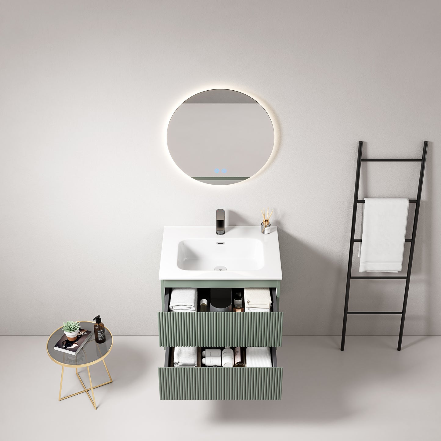 Mobile bagno sospeso cannettato 60 cm Verde Salvia Lavabo in Ceramica Specchio Tondo Retroilluminato - Fiji Paint