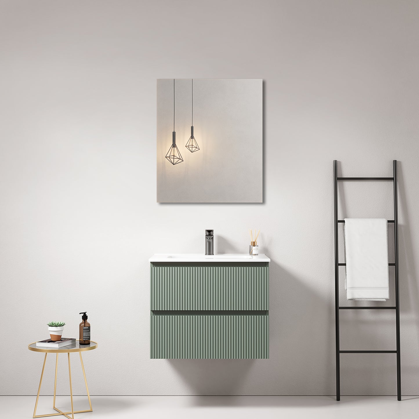 Mobile bagno sospeso cannettato 60 cm Verde Salvia Lavabo in Ceramica Specchio Quadro - Fiji Paint