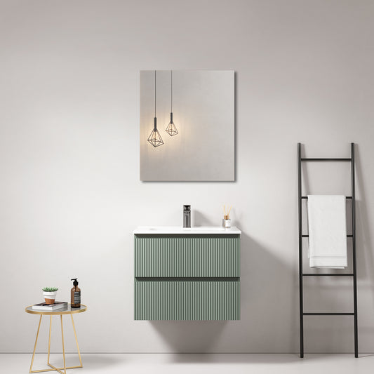 Mobile bagno sospeso cannettato 60 cm Verde Salvia Lavabo in Ceramica Specchio Quadro - Fiji Paint
