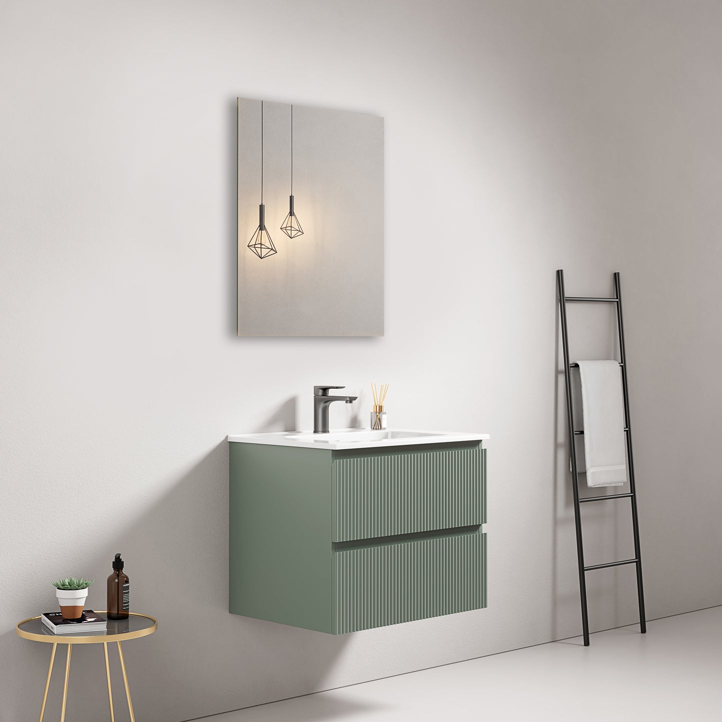 Mobile bagno sospeso cannettato 60 cm Verde Salvia Lavabo in Ceramica Specchio Quadro - Fiji Paint