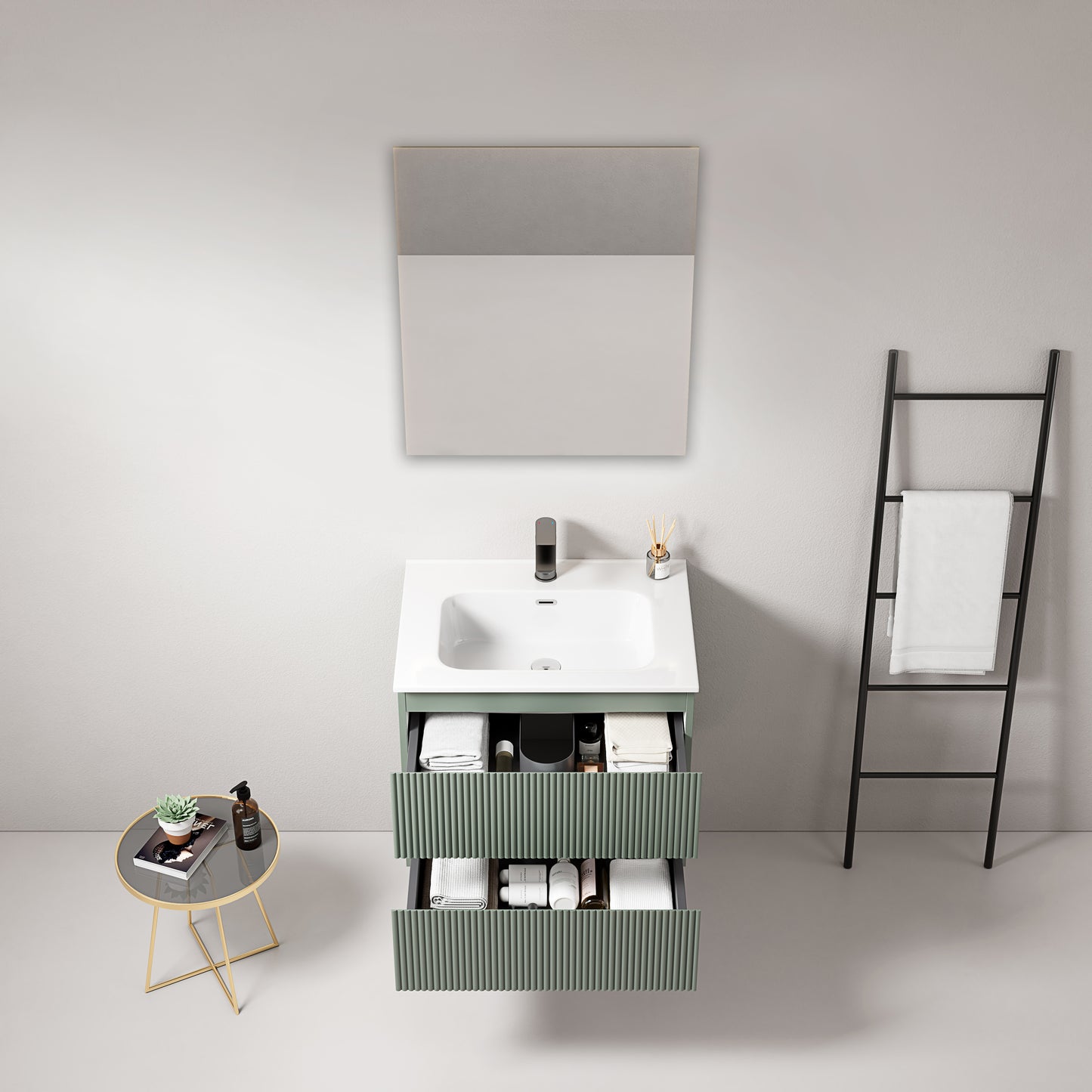 Mobile bagno sospeso cannettato 60 cm Verde Salvia Lavabo in Ceramica Specchio Quadro - Fiji Paint