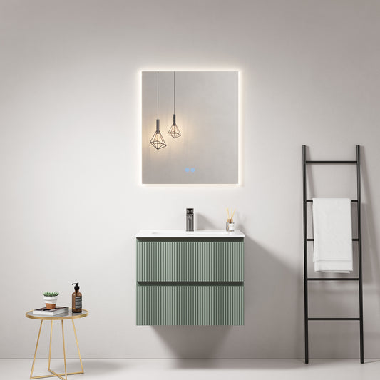 Mobile bagno sospeso cannettato 60 cm Verde Salvia Lavabo in Ceramica Specchio Quadro Retroilluminato - Fiji Paint