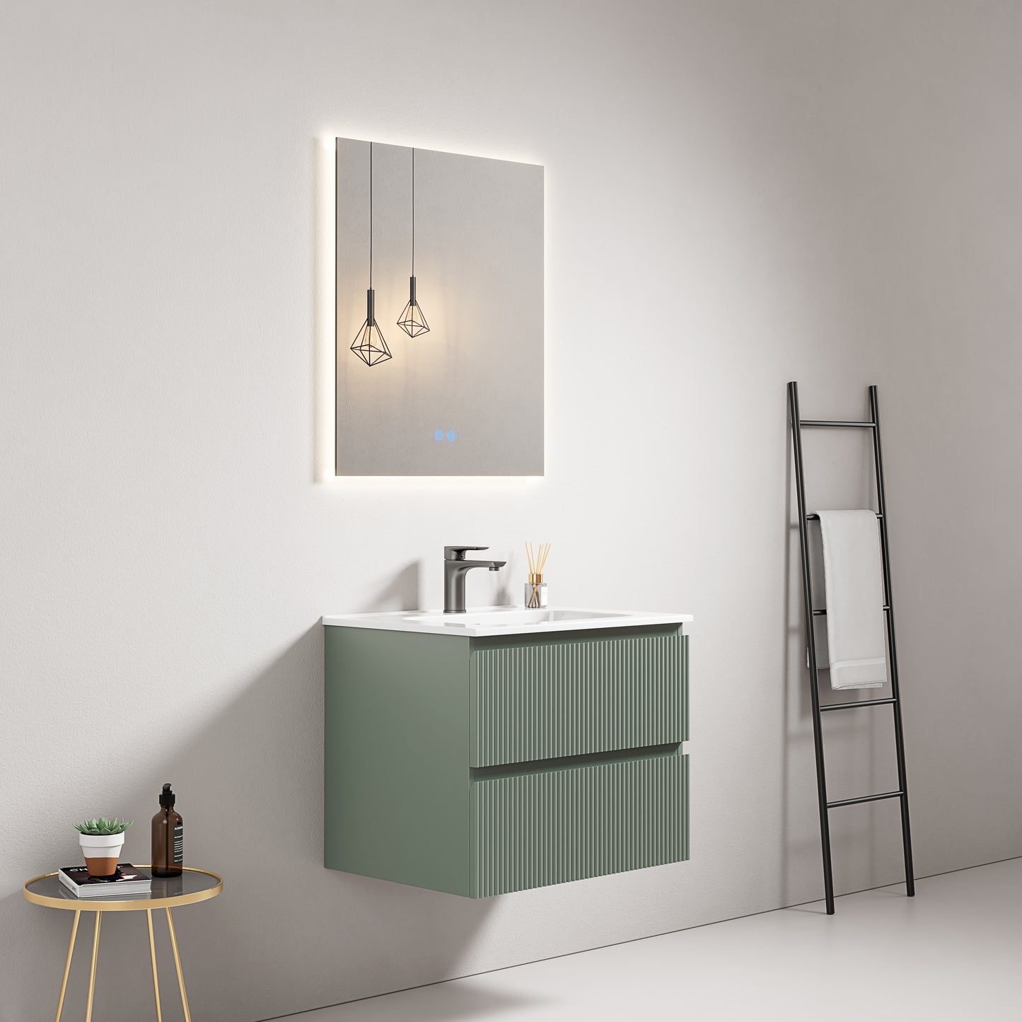 Mobile bagno sospeso cannettato 60 cm Verde Salvia Lavabo in Ceramica Specchio Quadro Retroilluminato - Fiji Paint