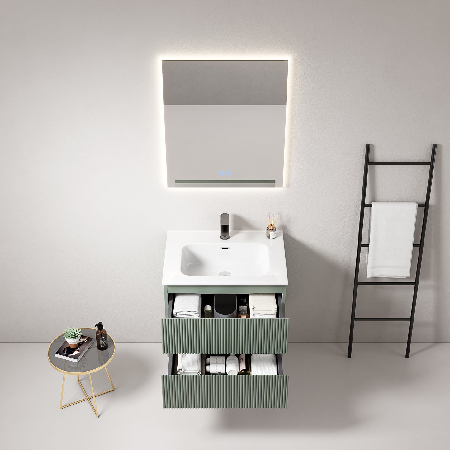 Mobile bagno sospeso cannettato 60 cm Verde Salvia Lavabo in Ceramica Specchio Quadro Retroilluminato - Fiji Paint