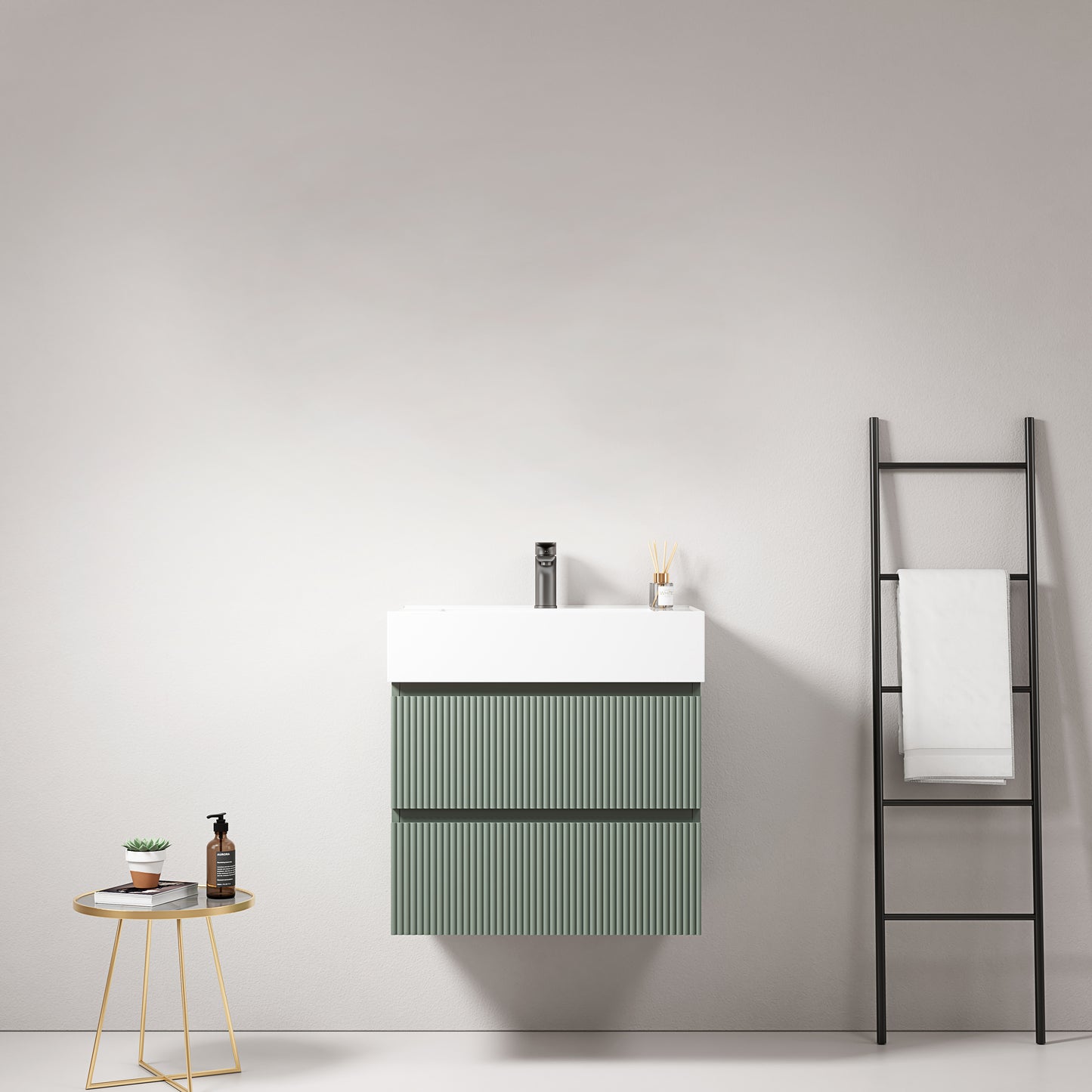Mobile bagno sospeso cannettato 60 cm Verde Salvia Lavabo in Resina Senza Specchio - Fiji Paint