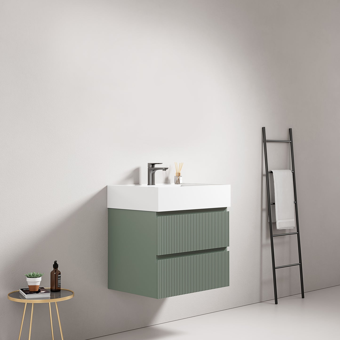 Mobile bagno sospeso cannettato 60 cm Verde Salvia Lavabo in Resina Senza Specchio - Fiji Paint