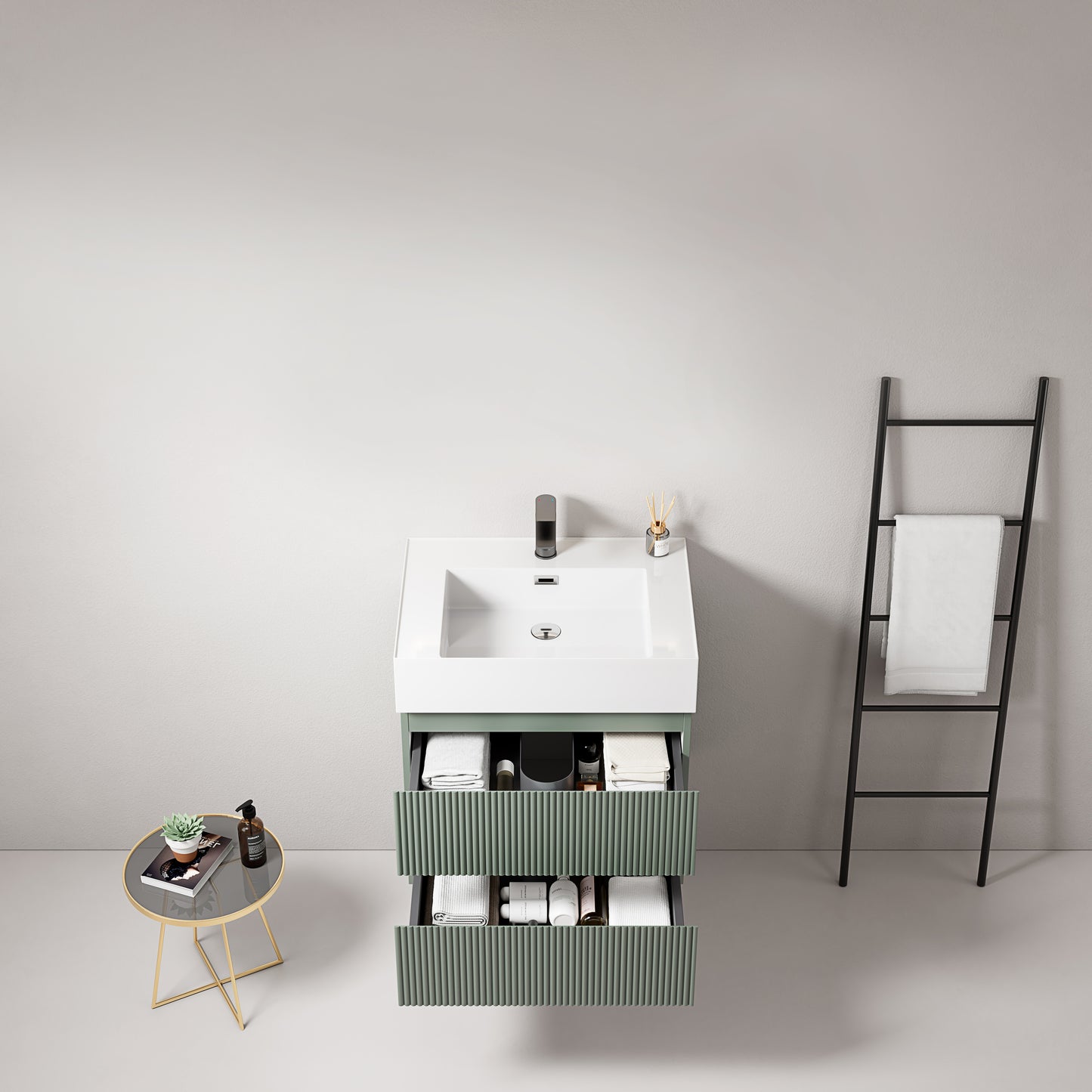 Mobile bagno sospeso cannettato 60 cm Verde Salvia Lavabo in Resina Senza Specchio - Fiji Paint