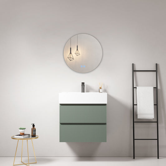 Mobile bagno sospeso cannettato 60 cm Verde Salvia Lavabo in Resina Specchio Tondo - Fiji Paint