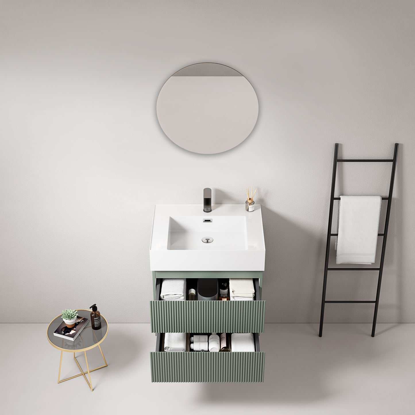 Mobile bagno sospeso cannettato 60 cm Verde Salvia Lavabo in Resina Specchio Tondo - Fiji Paint