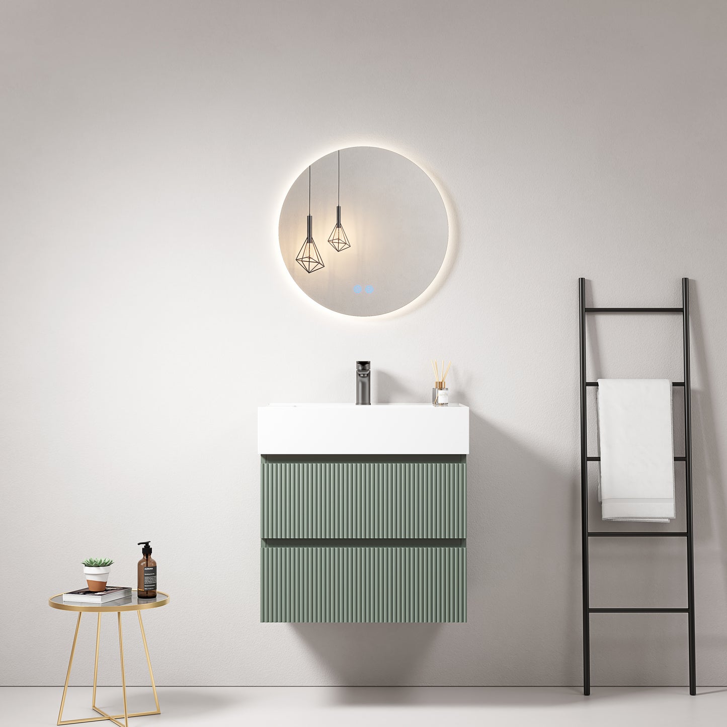 Mobile bagno sospeso cannettato 60 cm Verde Salvia Lavabo in Resina Specchio Tondo Retroilluminato - Fiji Paint