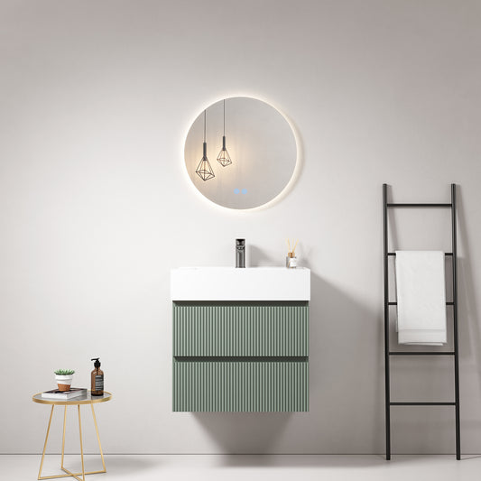 Mobile bagno sospeso cannettato 60 cm Verde Salvia Lavabo in Resina Specchio Tondo Retroilluminato - Fiji Paint