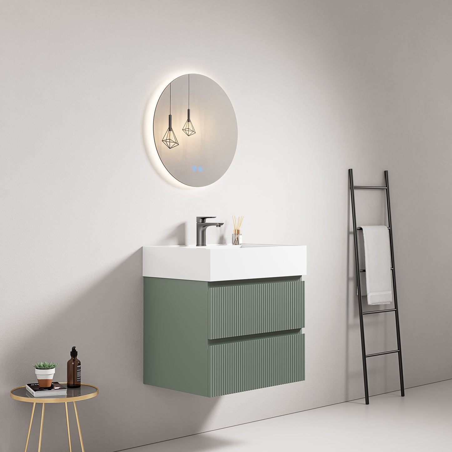 Mobile bagno sospeso cannettato 60 cm Verde Salvia Lavabo in Resina Specchio Tondo Retroilluminato - Fiji Paint