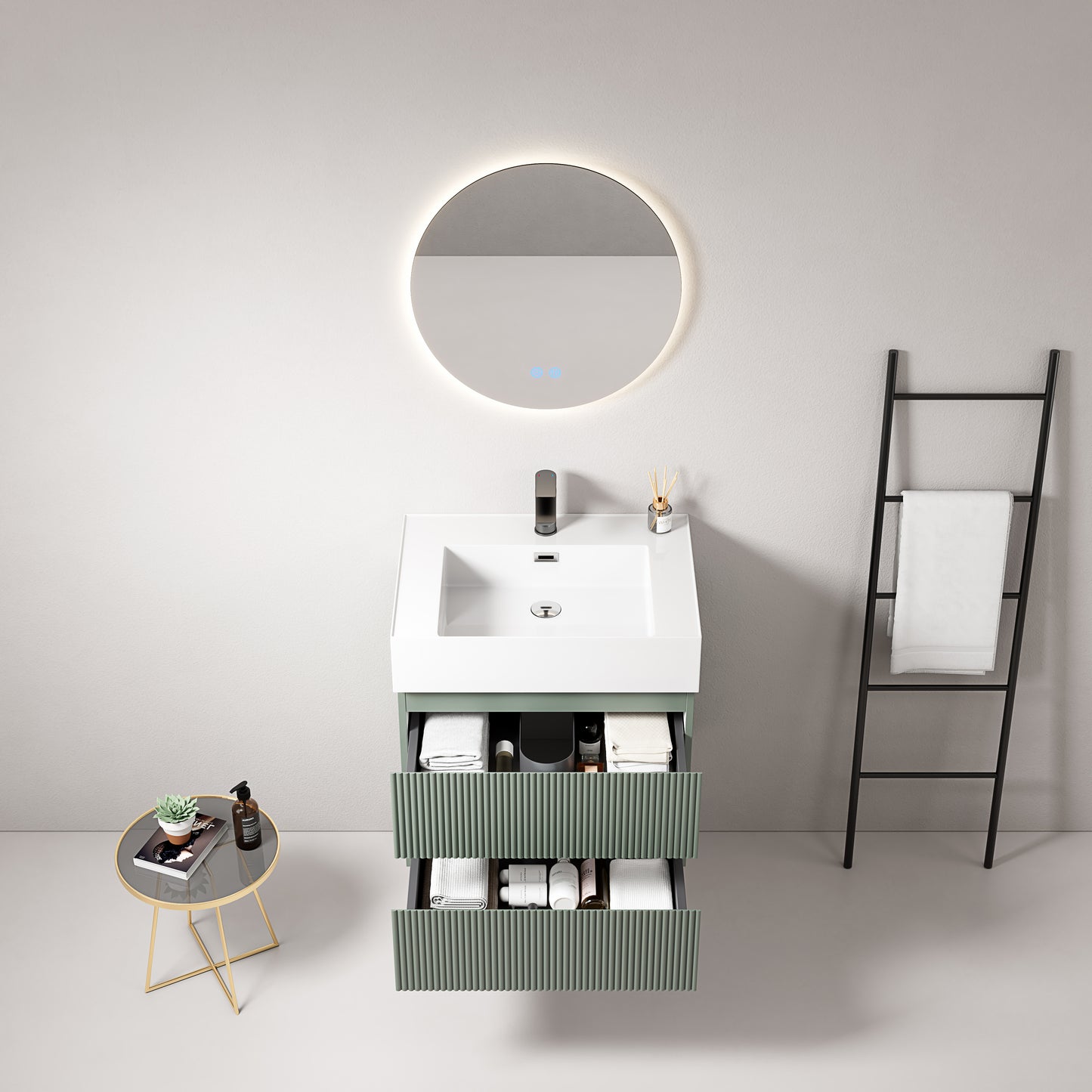 Mobile bagno sospeso cannettato 60 cm Verde Salvia Lavabo in Resina Specchio Tondo Retroilluminato - Fiji Paint