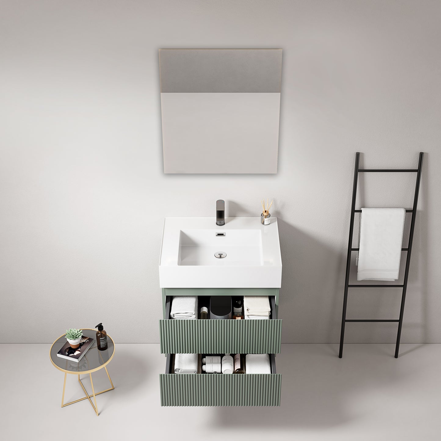 Mobile bagno sospeso cannettato 60 cm Verde Salvia Lavabo in Resina Specchio Quadro - Fiji Paint