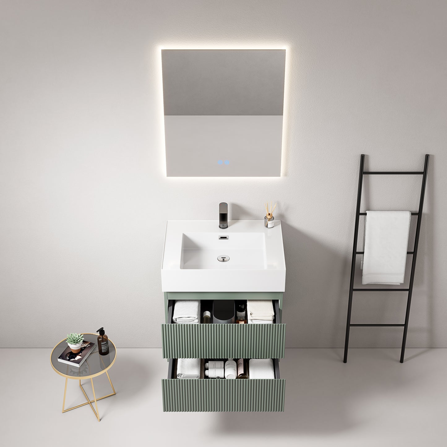 Mobile bagno sospeso cannettato 60 cm Verde Salvia Lavabo in Resina Specchio Quadro Retroilluminato - Fiji Paint