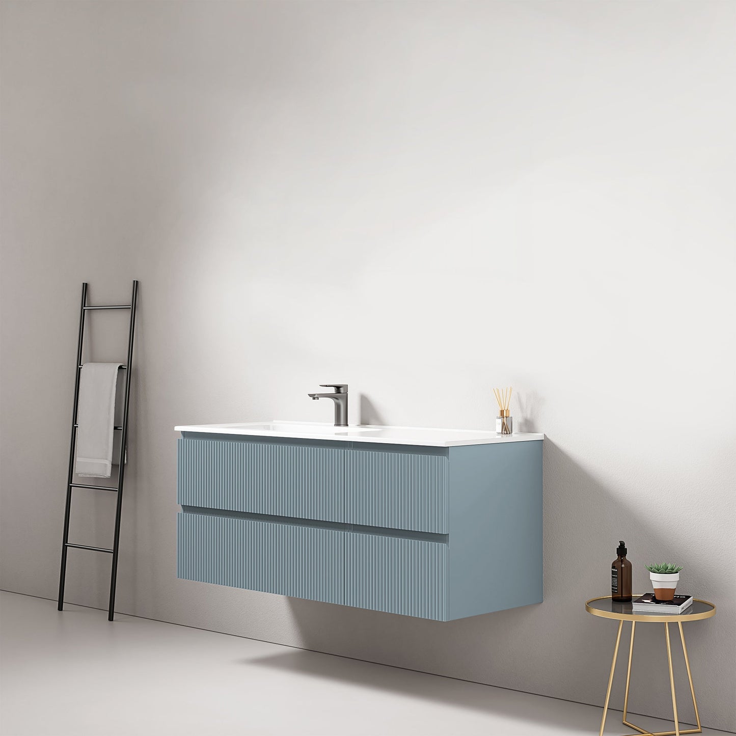 Mobile bagno sospeso cannettato 120 cm Blu Avio Lavabo a Sinistra in Ceramica Senza Specchio - Fiji Paint