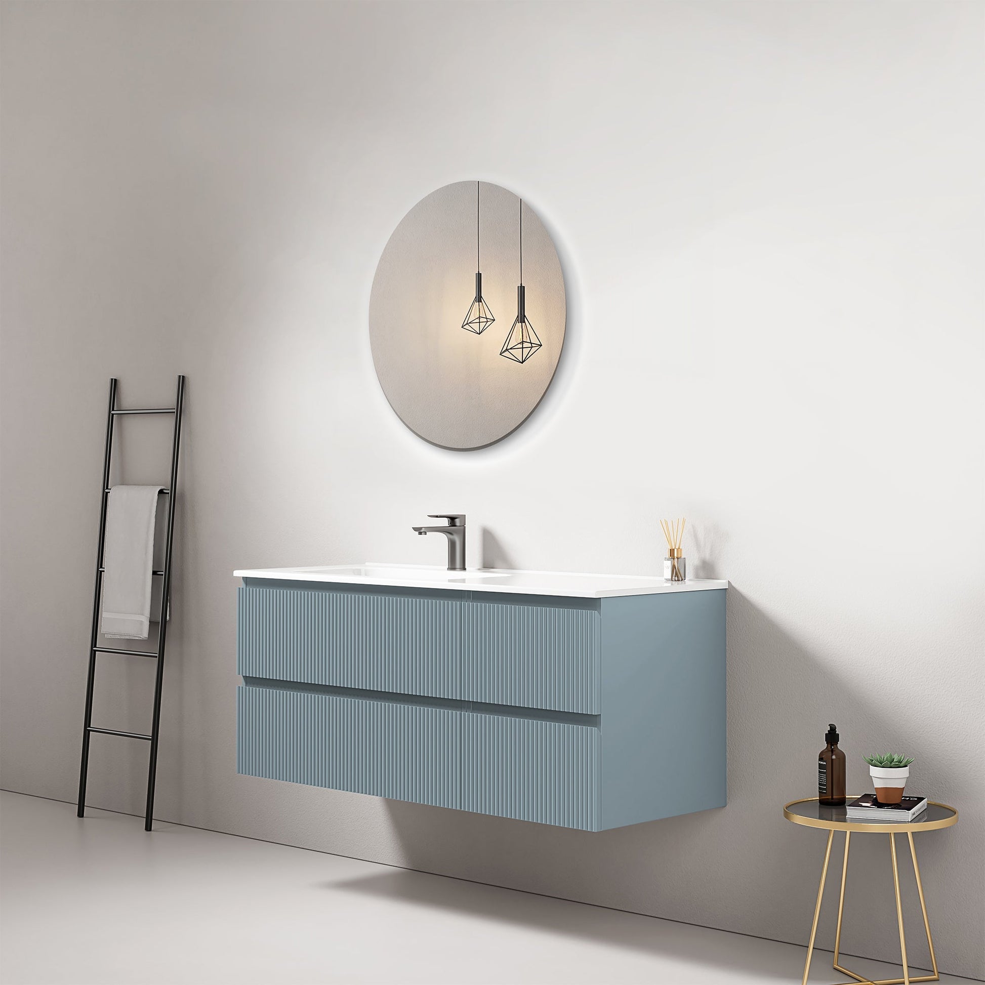 Mobile bagno sospeso cannettato 120 cm Blu Avio Lavabo a Sinistra in Ceramica Specchio Tondo - Fiji Paint.