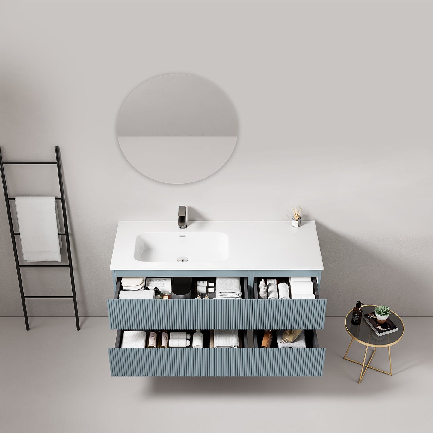 Mobile bagno sospeso cannettato 120 cm Blu Avio Lavabo a Sinistra in Ceramica Specchio Tondo - Fiji Paint