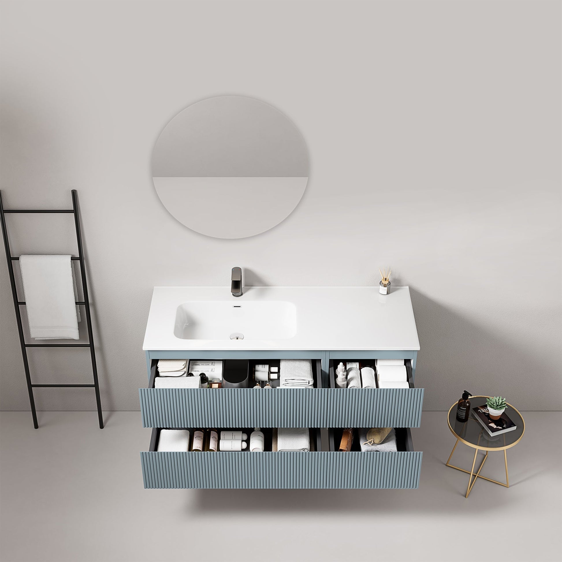 Mobile bagno sospeso cannettato 120 cm Blu Avio Lavabo a Sinistra in Ceramica Specchio Tondo - Fiji Paint