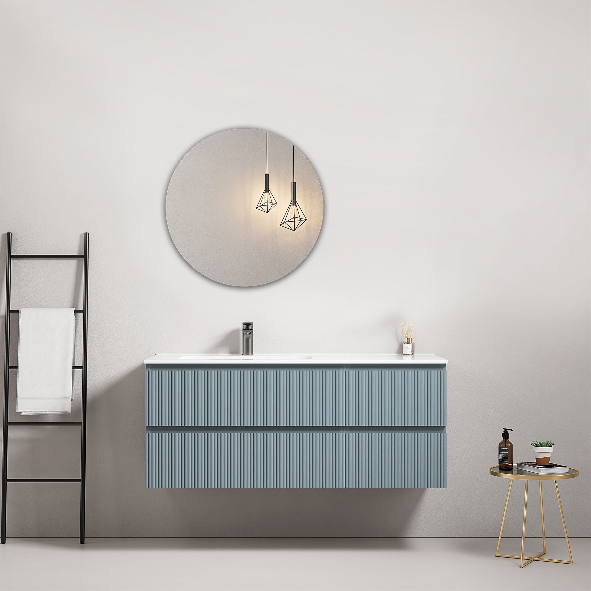 Mobile bagno sospeso cannettato 120 cm Blu Avio Lavabo a Sinistra in Ceramica Specchio Tondo - Fiji Paint.