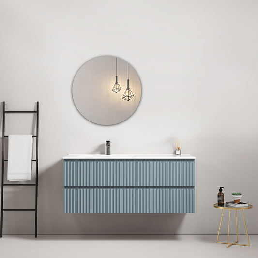 Mobile bagno sospeso cannettato 120 cm Blu Avio Lavabo a Sinistra in Ceramica Specchio Tondo - Fiji Paint